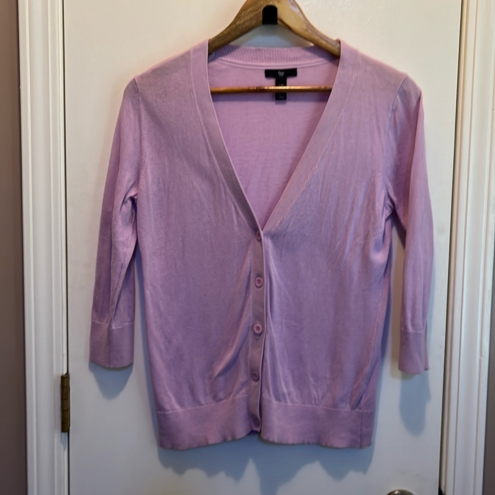 Lavender 3/4 sleeve button down cardigan. Great condition.